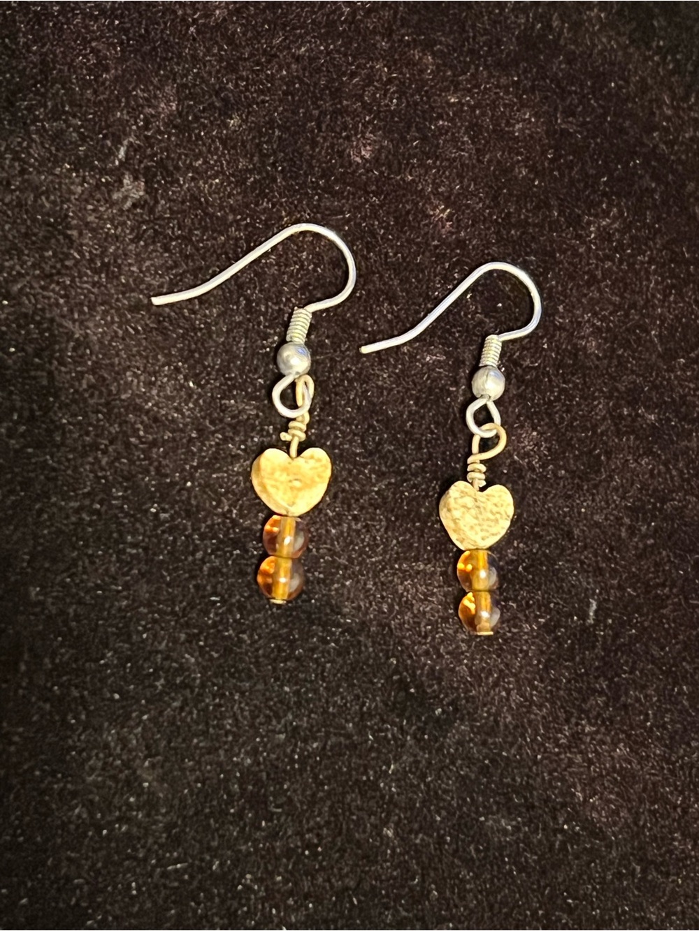 Handmade Gold Heart Drop Earrings with Amber Beads